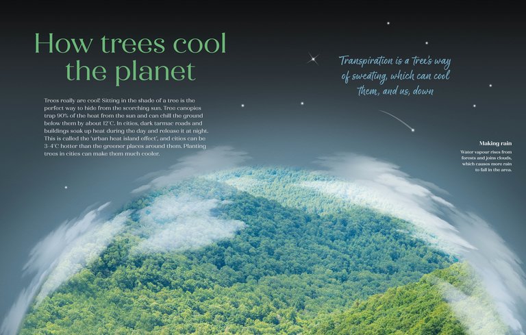 Page layout showing text and a forested planet
