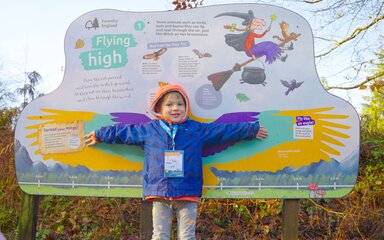 A young boy with arm spread as wings, in front of a panel in the forest.